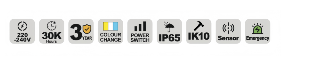 NBH111 LED bulkhead specification icons — voltage, lifetime, warranty and IP rating