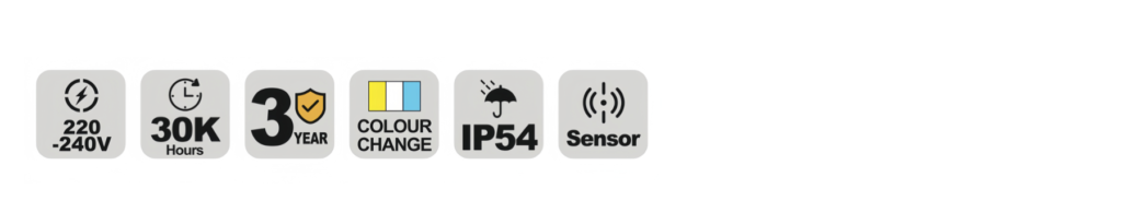 NBH116 LED bulkhead specification icons — voltage, lifetime, warranty and IP rating