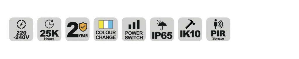 NBH119O LED bulkhead specification icons — voltage, lifetime, warranty and IP rating