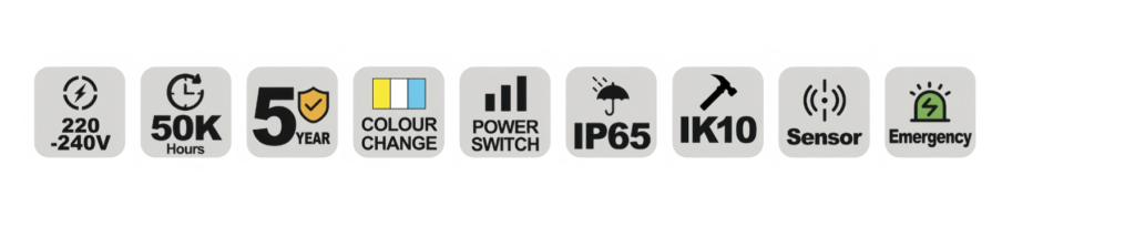 NBH121 LED bulkhead specification icons — voltage, lifetime, warranty and IP rating