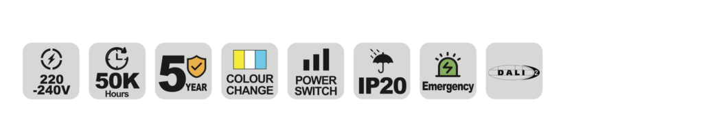 NBT114 LED batten specification icons — voltage, lifetime, warranty and IP rating