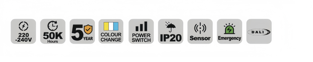 NBT116 LED batten specification icons — voltage, lifetime, warranty and IP rating