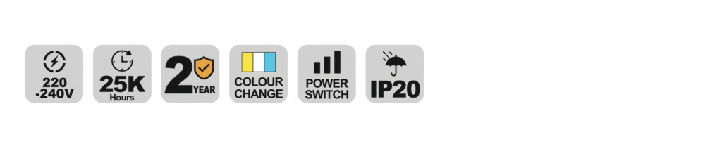 NBT118 LED batten specification icons — voltage, lifetime, warranty and IP rating