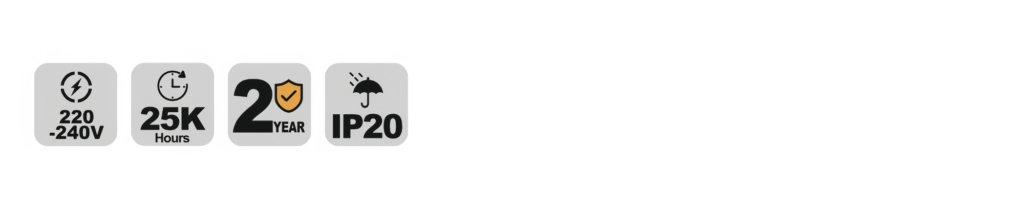 NBT119 LED batten specification icons — voltage, lifetime, warranty and IP rating