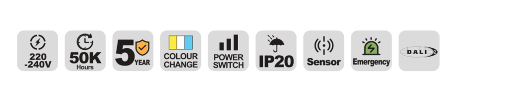 NBT120 LED batten specification icons — voltage, lifetime, warranty and IP rating