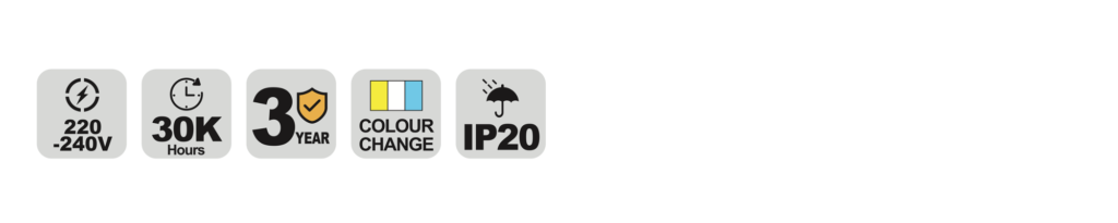 NBT121 LED batten specification icons — voltage, lifetime, warranty and IP rating