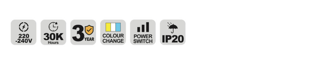 NBT125 LED batten specification icons — voltage, lifetime, warranty and IP rating