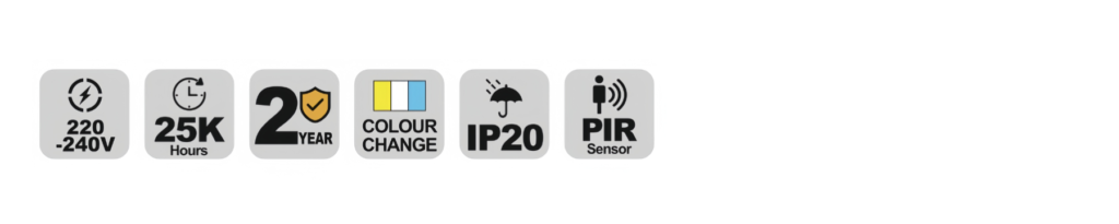 NCL112R LED ceiling light specification icons — voltage, lifetime, warranty and IP rating