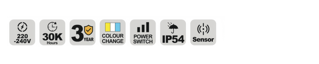 NCL118B LED ceiling light specification icons — voltage, lifetime, warranty and IP rating