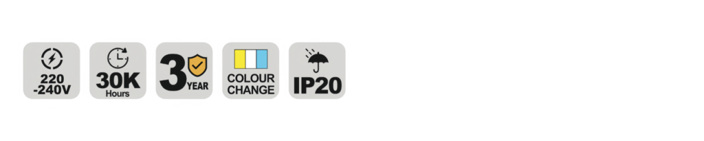 NCL120 LED ceiling light specification icons — voltage, lifetime, warranty and IP rating
