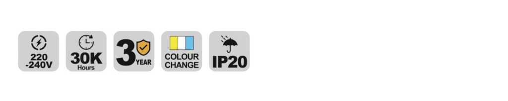 NCL121 LED ceiling light specification icons — voltage, lifetime, warranty and IP rating