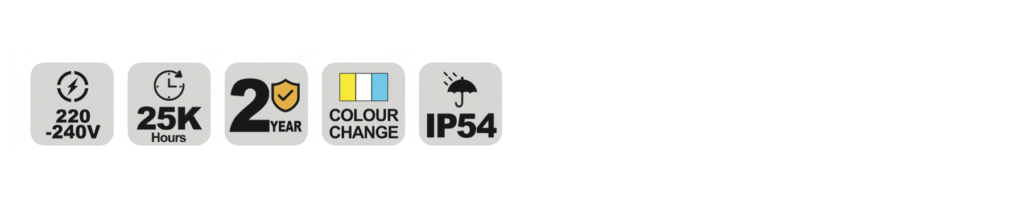 NCL123 LED ceiling light specification icons — voltage, lifetime, warranty and IP rating