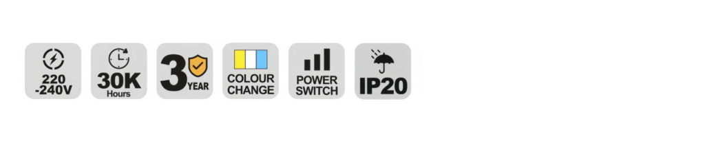 NCL125 LED ceiling light specification icons — voltage, lifetime, warranty and IP rating