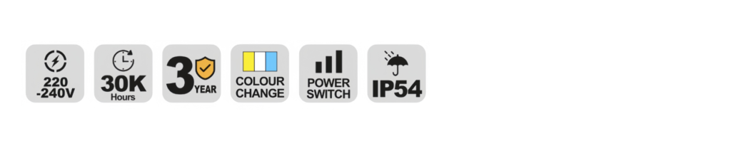 NCL129S LED ceiling light specification icons — voltage, lifetime, warranty and IP rating
