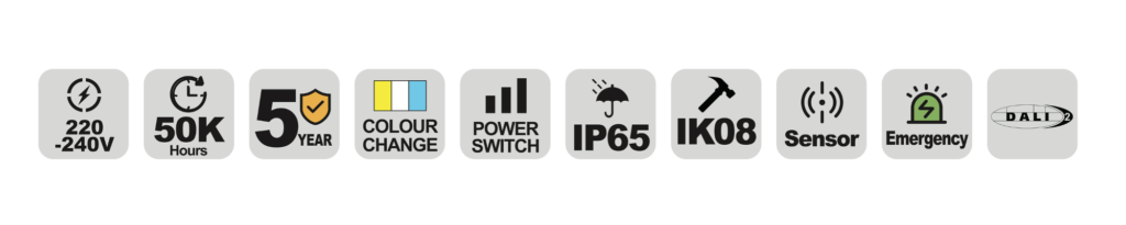 NTP111 IP65 weatherproof LED batten specification icons — voltage, lifetime, warranty and IP rating