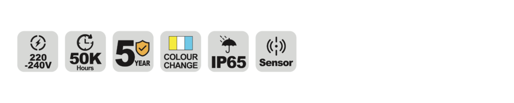 NTP118 IP65 weatherproof LED batten specification icons — voltage, lifetime, warranty and IP rating