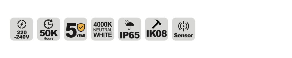 NTP120A IP65 weatherproof LED batten specification icons — voltage, lifetime, warranty and IP rating